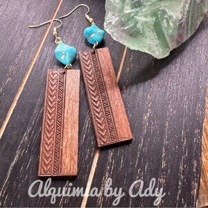 Artisan Wood & Turquoise Dangles — Boho Carved Statement Drops